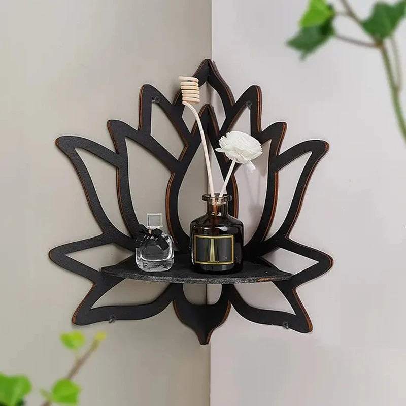 Holumina Boho-Eckregal aus Holz | Lotus-Design mit Hohlschnitt | Für Kristalle & Deko | Schwarz