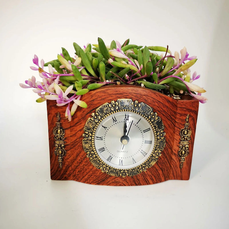 TimeBloom | Vintage Tischuhr mit Blumentopf | Kreatives Deko-Element aus Harz | Antik-Stil für Wohnzimmer