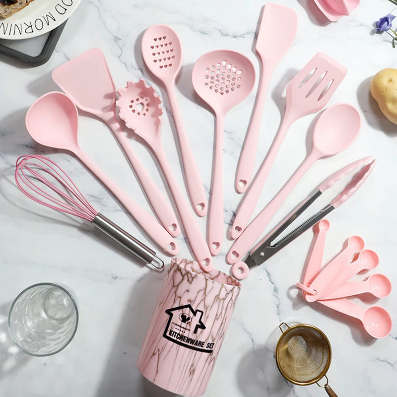 RosaCucina Silikon Küchenutensilien Set Rosa | 18-teilig | Lebensmittelecht & Hitzebeständig | Löffel, Spatel, Messlöffel & mehr