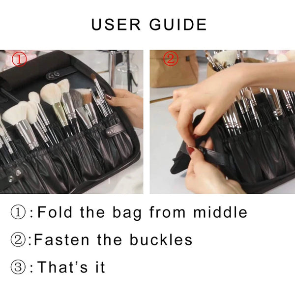 Pinselia Make-up Pinsel Tasche 29 Fächer | Faltbar & Wasserdicht | Profi-Organizer für Reisen & Studio | PU-Leder | Schwarz