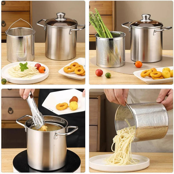 Crisplora FryMaster Edelstahl-Frittier-Topf 3 L mit Sieb & Deckel | Tempura-Fritteuse mit Zange
