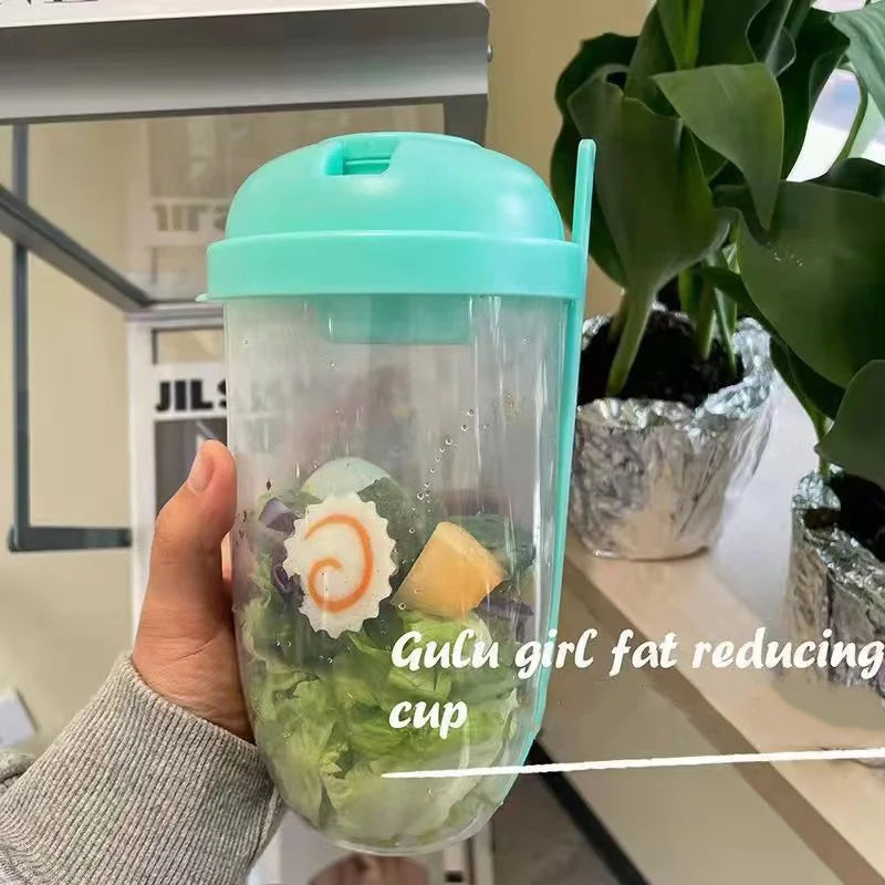 Salatto Salat-to-go Becher 1000 ml | Flaschenförmige Lunchbox mit Gabel & Saucenbehälter | Tragbar & Lebensmittelecht | Weiß/Grün