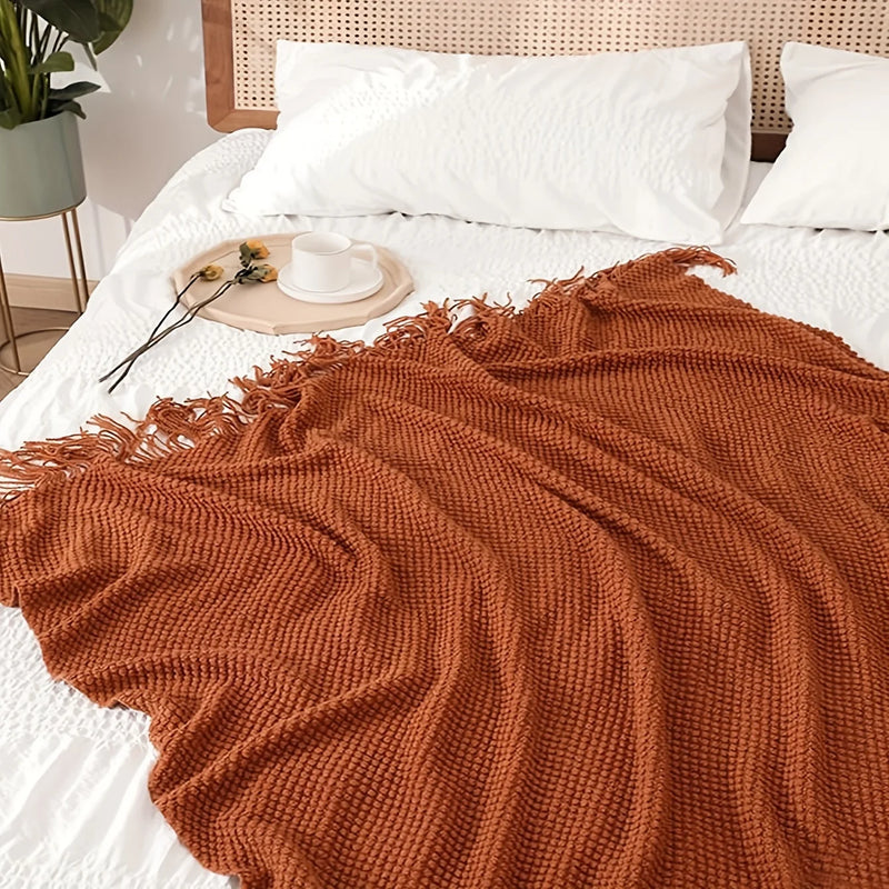 Aurelia Cozy  Quasten-Strickdecke in Morandi-Orange | Weich & Wärmend | 3 Größen | Für Sofa, Bett & Reisen