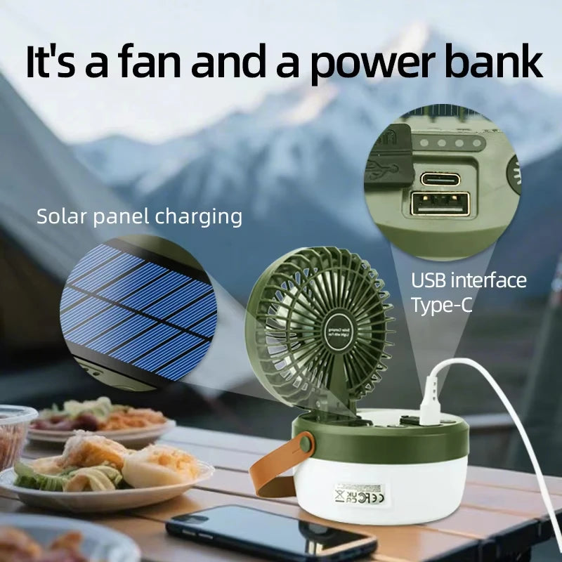 SolAiro Faltbare Solar-Campinglaterne mit Ventilator 12 × 12 cm | 2‑in‑1 Zeltlampe & Kühlventilator mit 4 Leuchtmodi | USB & Solar aufladbare Outdoor-Kombination