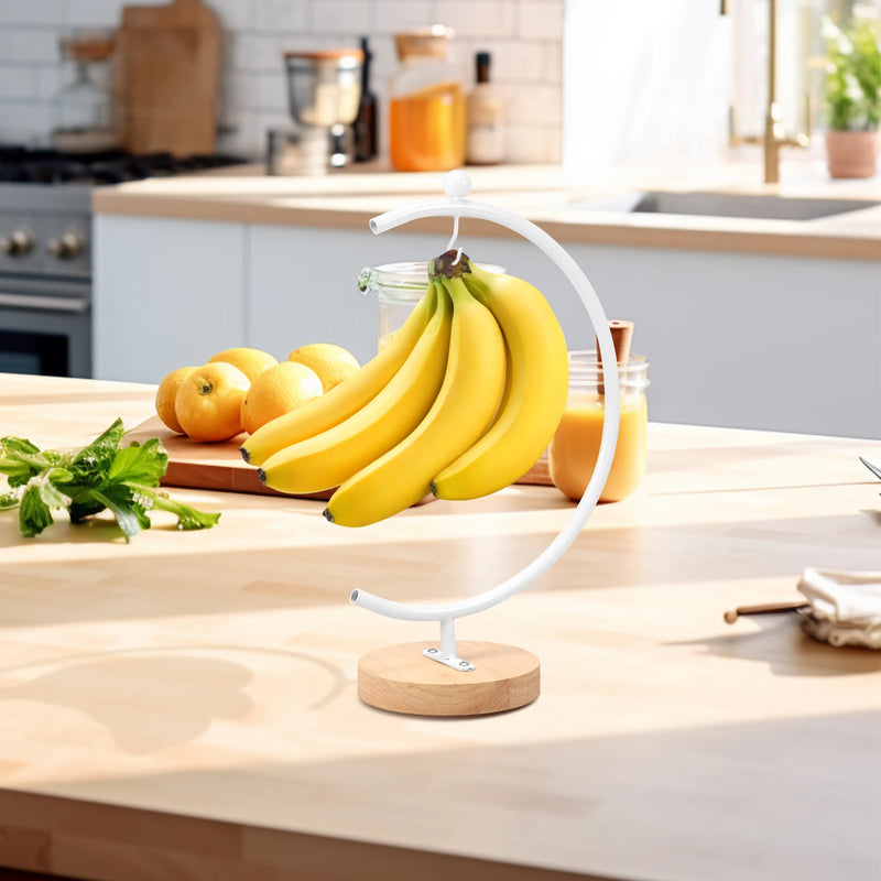 LunaFrucht Bananenhalter Mondform | Metall & Holz | Rostfrei & Stabil | 33×11,5 cm | Schwarz/Weiß