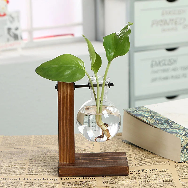 Naturiva Design Glasvase mit Holzrahmen | Für Schnittblumen & Hydrokultur | Skandinavischer Stil | 3-teiliges Set