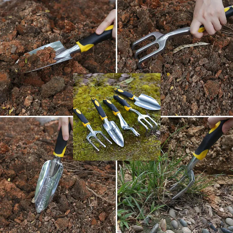 TerraForte Tools Gartenwerkzeug Set 5-tlg. | Ergonomisch & Rostfrei | Mit Handschuhen & Tiefenskala | Edelstahl