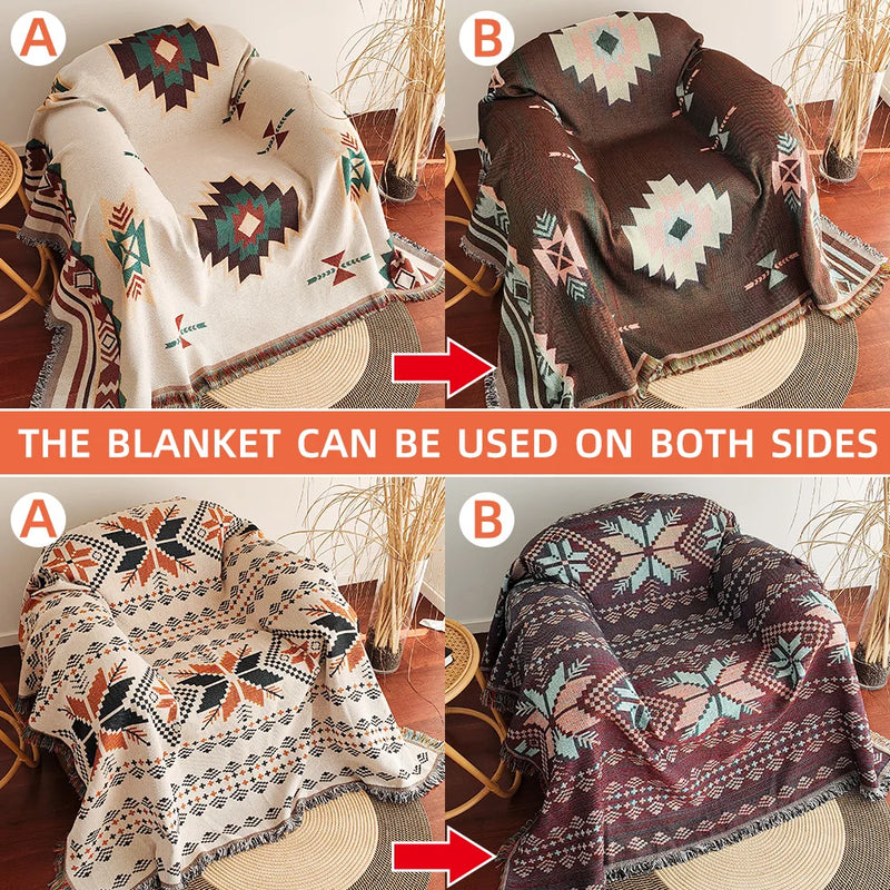 AztecaLoom Boho Decke | XXL Azteken-Plaid mit Fransen | Südwestlicher Ethno-Stil | Vintage Wohndecke aus Baumwollmischung