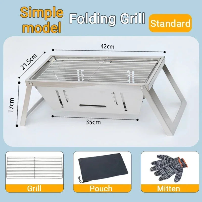 SteelFlame BBQ Faltbarer Holzkohlegrill aus Edelstahl | Kompakt & stabil | Für Spieße & BBQ