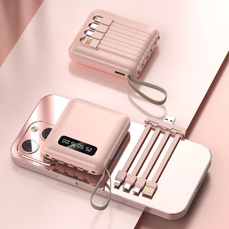 Mini-Powerbank mit Spiegel-Display | 20.000 mAh | Schnellladefunktion & integrierte Kabel | Für iPhone, Samsung, Xiaomi & mehr