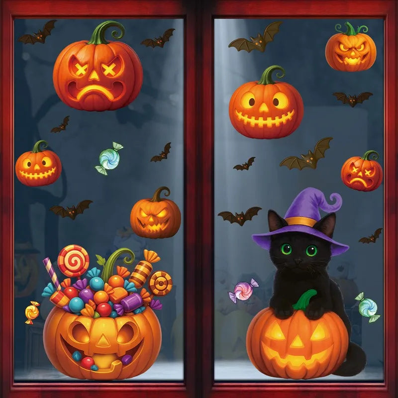 Fensteraufkleber SpookyPumpkins | Halloween Deko Sticker | Kürbis, Katze & Geist | Wiederverwendbar & statisch haftend