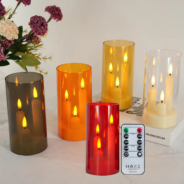 LumièreTrio LED-Stumpenkerze mit 3 Dochten | 7,5 × 15 cm | Fernbedienung & Timer | Flackerndes Warmlicht | Acryl-Design