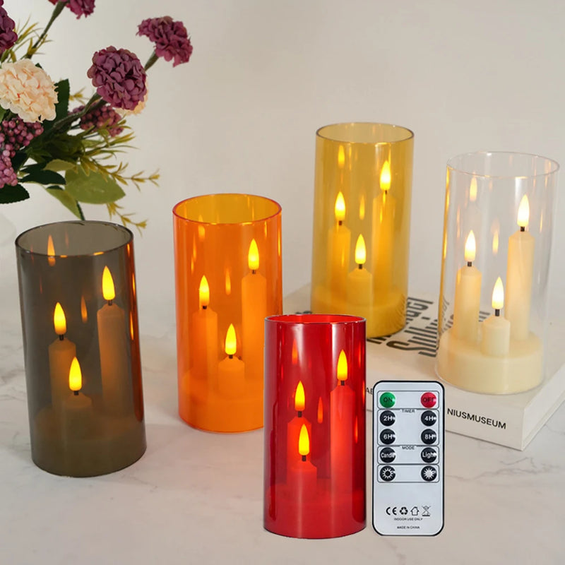 LumièreTrio LED-Stumpenkerze mit 3 Dochten | 7,5 × 15 cm | Fernbedienung & Timer | Flackerndes Warmlicht | Acryl-Design