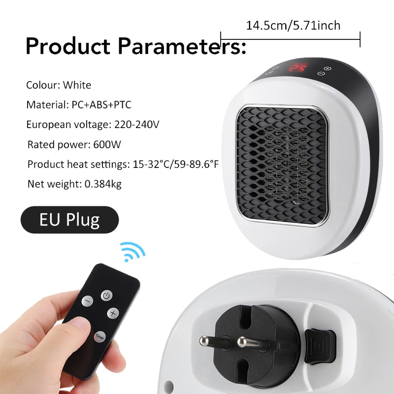 Heatigo Mini Elektroheizung 600W | Wandsteckdosen-Design | PTC-Keramik, Thermostat & Fernbedienung | Flüsterleise & Sicher