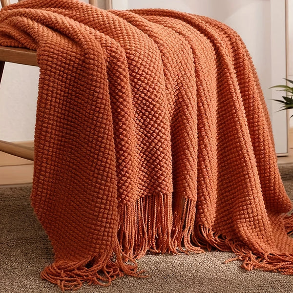 Aurelia Cozy  Quasten-Strickdecke in Morandi-Orange | Weich & Wärmend | 3 Größen | Für Sofa, Bett & Reisen