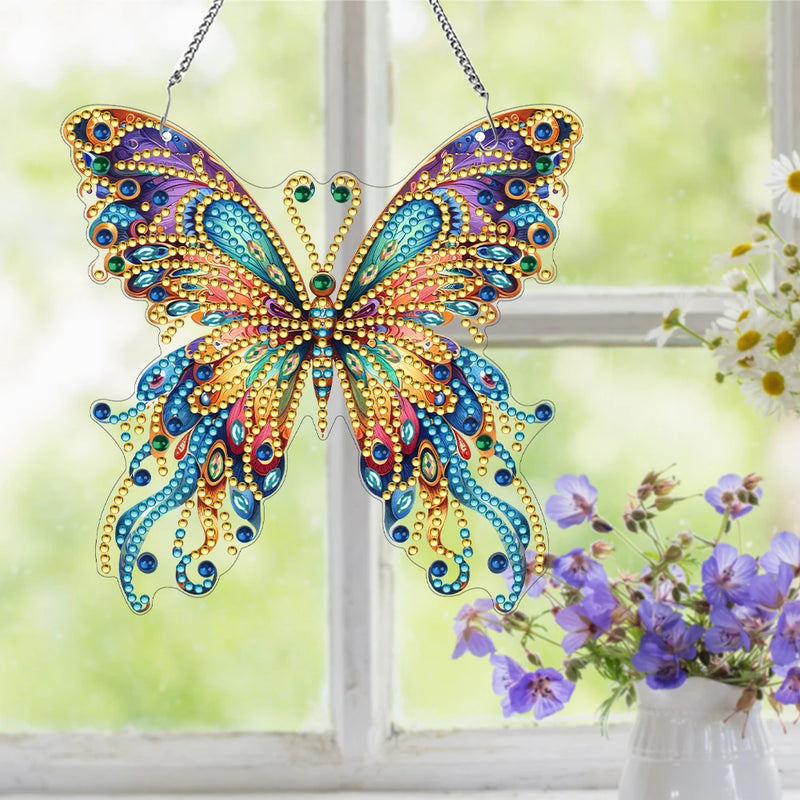 Schmetterlingsanhänger | 5D DIY Diamantmalerei | Beidseitig Acryl | Funkelnde Fensterdeko