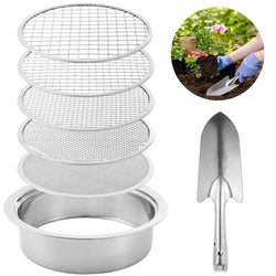 SoilMaster Pro | Edelstahl Bodensieb-Set | 5 Wechselbare Siebe (1–12 mm) | Ø 24 cm | Für Erde, Sand & Kompost | Inkl. Schaufel