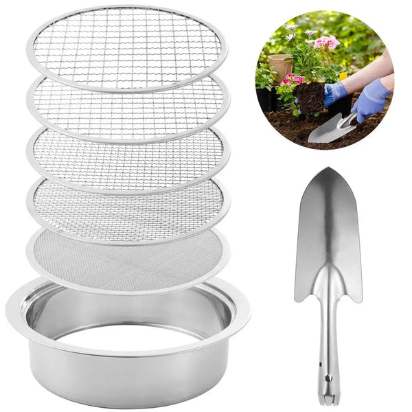 SoilMaster Pro | Edelstahl Bodensieb-Set | 5 Wechselbare Siebe (1–12 mm) | Ø 24 cm | Für Erde, Sand & Kompost | Inkl. Schaufel