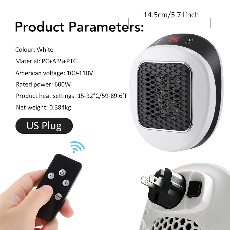 Heatigo Mini Elektroheizung 600W | Wandsteckdosen-Design | PTC-Keramik, Thermostat & Fernbedienung | Flüsterleise & Sicher