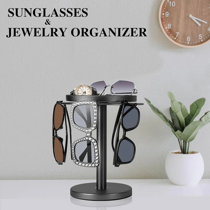 LuxeSpin Drehbarer Sonnenbrillen-Organizer | 360° Rotationsständer mit Schmuckablage | Edelstahl | 20 × 24 × 15 cm