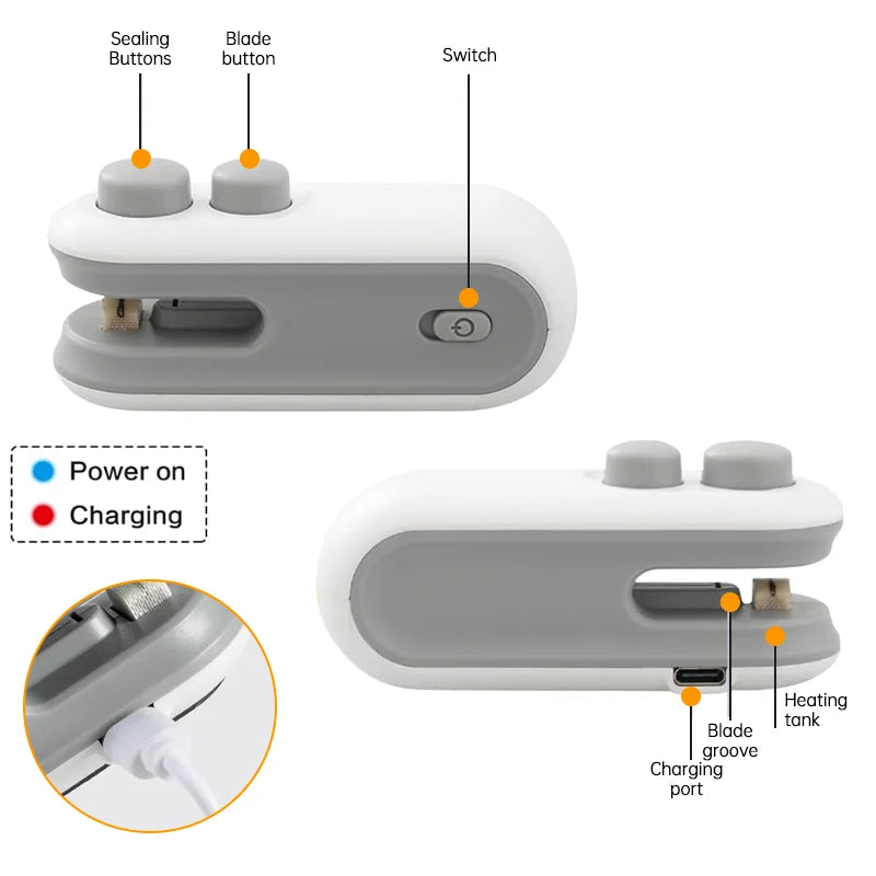 SealMate Mini Handlicher Folienschweißer | Tragbar & wiederaufladbar | 2-in-1 Versiegeln & Schneiden | Mit Magnet & USB-Ladekabel