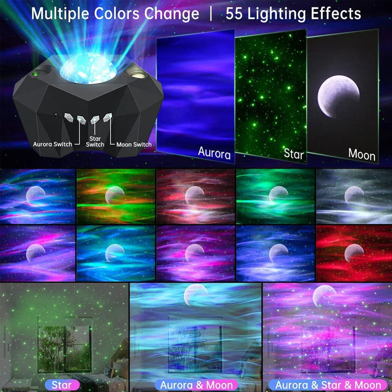 Auralis Sternenhimmel-Projektor | 3-in-1 Aurora, Sterne & Mond | Bluetooth Musik & Fernbedienung | Nachtlicht mit Timer
