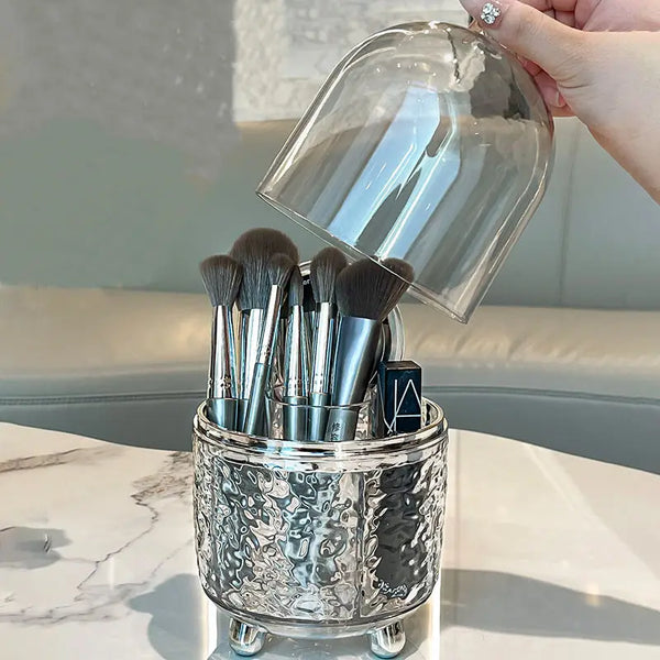 Lumora Make-up Pinsel Organizer mit Deckel | Staubdicht & Drehbar | Für Pinsel, Lippenstifte & Parfum | 360° Rotierend | Silber/Grau