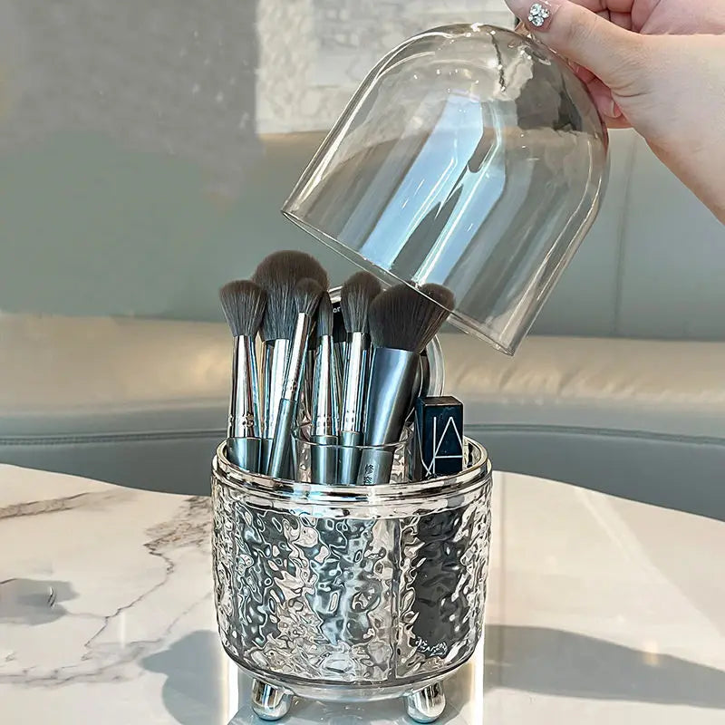 Lumora Make-up Pinsel Organizer mit Deckel | Staubdicht & Drehbar | Für Pinsel, Lippenstifte & Parfum | 360° Rotierend | Silber/Grau