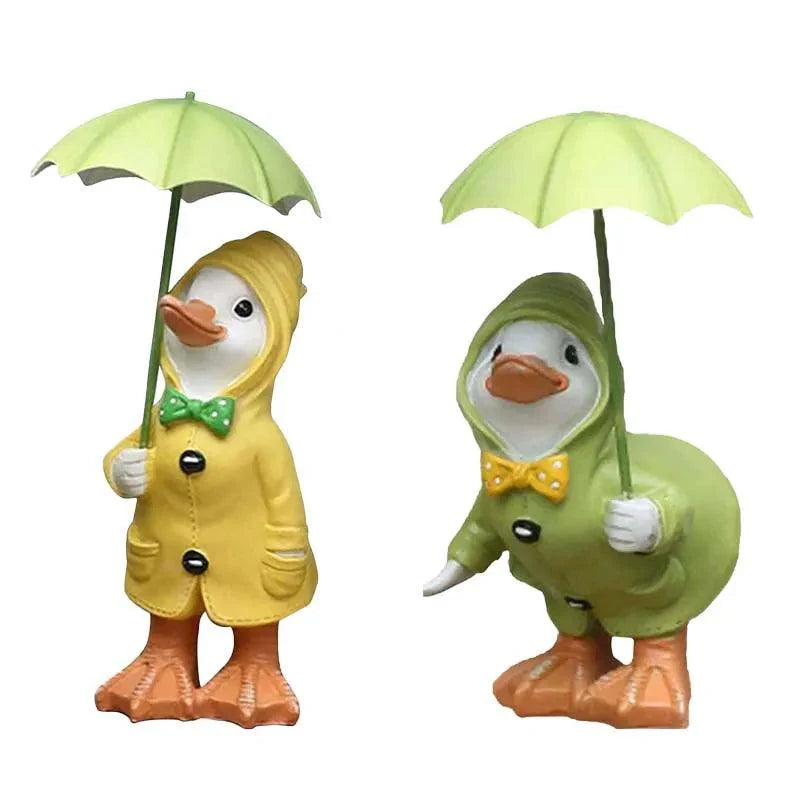 Gartenfiguren Enten 2er Set | Handbemalt | Wetterfestes Harz | 12x6 cm