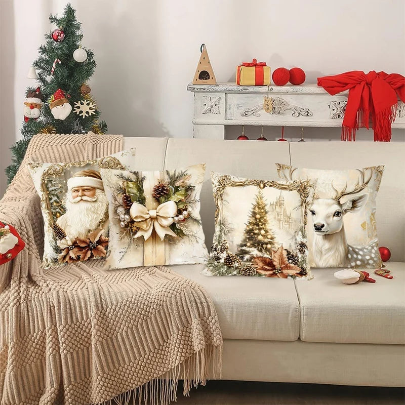 GoldenVintage Kissenbezüge 4er Set | Weihnachtsdesign mit Santa, Rentier & Schleife | Sofadeko & Wohnzimmer | 45×45 cm