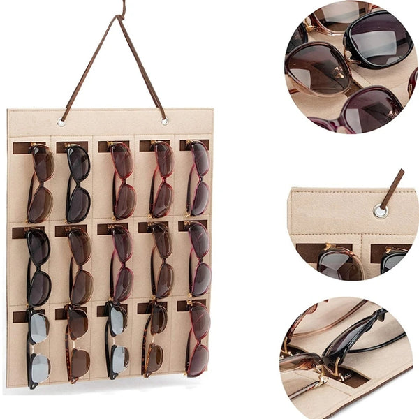 GlasSpace Organizer | Wandhängender Brillenhalter | Faltbare Aufbewahrungstasche für Sonnenbrillen | Platzsparend & Staubdicht | 42 × 38 cm