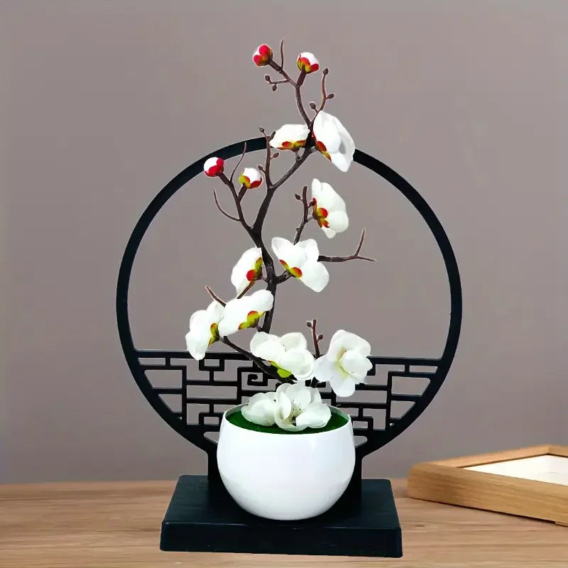 Kunst-Bonsai PlumElegance | Pflaumenblüten-Design | Mit dekorativem Paravent-Sockel | 32 cm Tischdeko