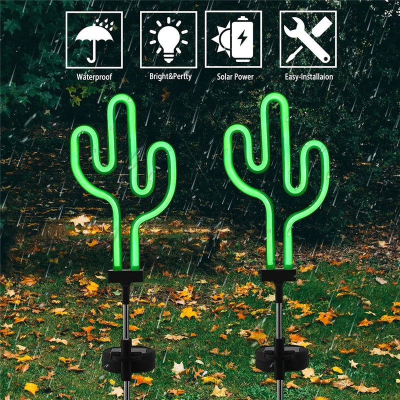 NeonGlow NaturDécor Solar-Neon-Gartenleuchte Cactus & Flamingo | LED Erdspieß IP65 Wasserdicht