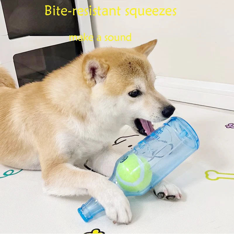 Hundespielzeug BounceBottle | Quietscht & Springt | TPR-Gummi mit Tennisball-Design | Für Kleine bis Große Hunde