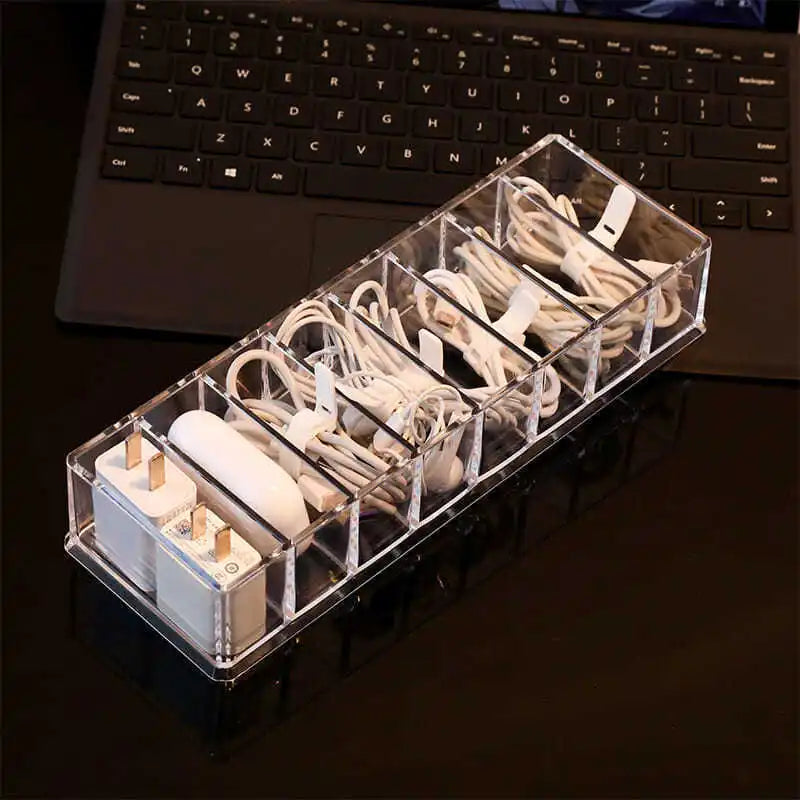 Kabelorganizer ClearGrid 7+ | 7-Fach Ladebox für Ladekabel & Netzteile | Transparentes Design | 26×5,5×11 cm