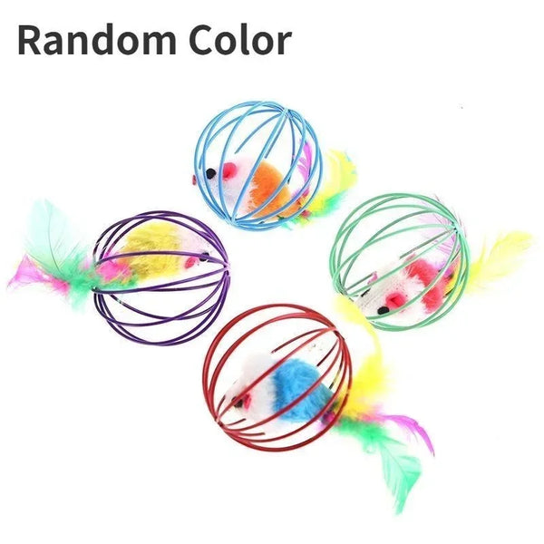 Miauvo Katzen-Spielball | Plüsch-Maus im Käfig | Lustiges Katzenspielzeug für aktive Stubentiger | Zufällige Farbe Ø 6 cm