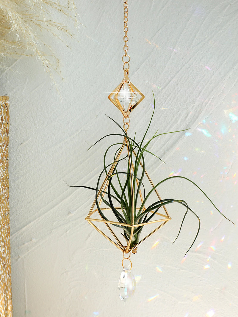LuftGlanz Geometrischer Pflanzenhalter | Goldener Hängender Airplant-Halter | Dekorativer Suncatcher mit Kristall für Zuhause & Garten