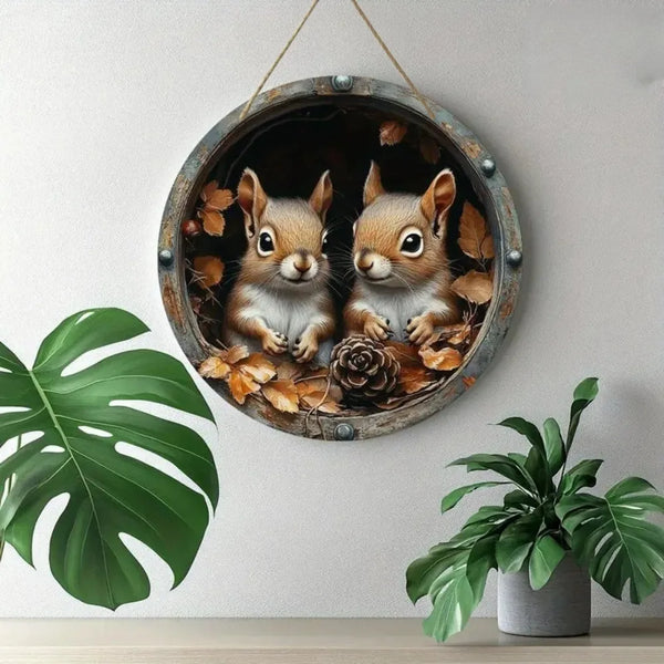 Holzschild AutumnTail | Rundes Willkommensschild mit Eichhörnchen-Motiv | 20–30 cm | Handgefertigte Herbst- & Winterdeko