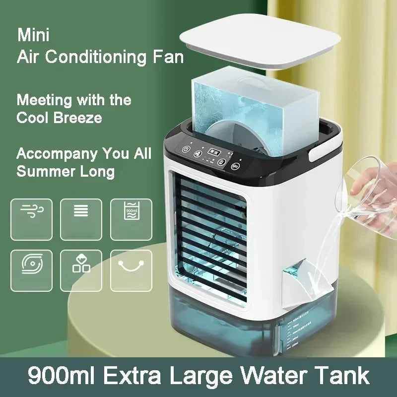 AerisGlow Breeze 900 Luftkühler mit Ultraschall-Vernebelung | 3-Stufen-Ventilator & Nachtlicht | Tragbar & Leise | 900 ml Wassertank für Büro & Zuhause