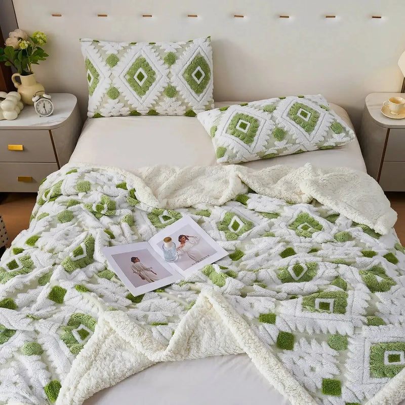 Lunavoux | Doppellagige Decke aus Samt & Lammwolle | Extra Dick & Warm | Geometrisches Jacquard-Muster | Sofa- & Bettüberwurf