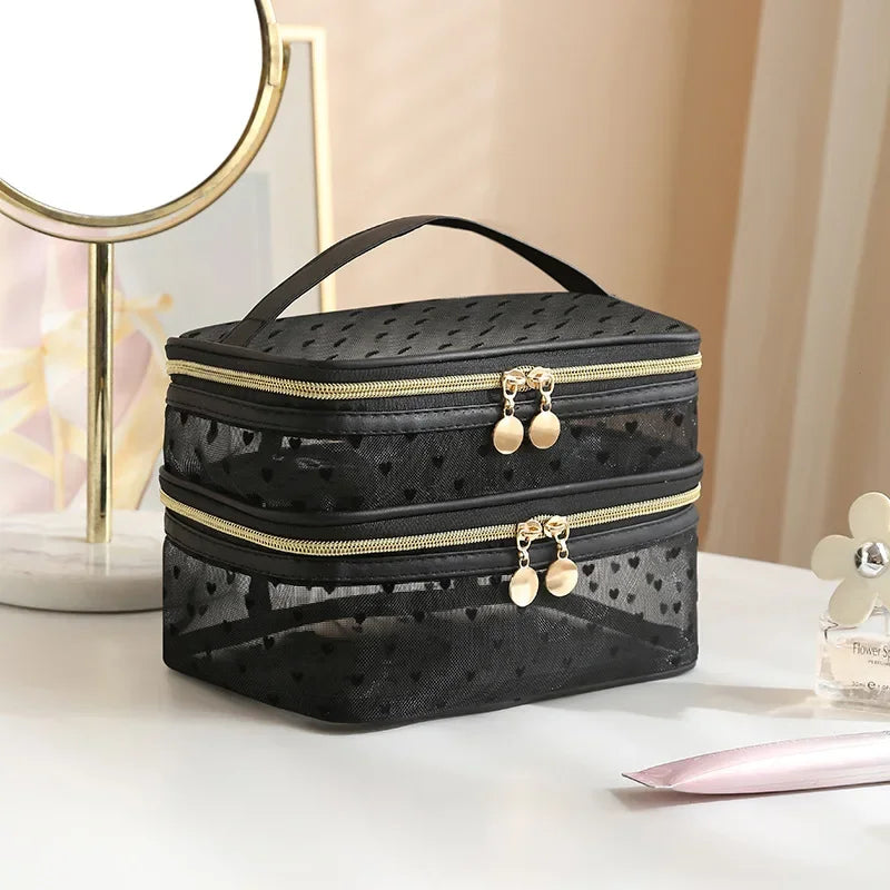 Nuvessa TravelMesh Kosmetiktasche mit Doppelnetz | Großes Volumen & Reißverschluss | Schwarz & Transparent