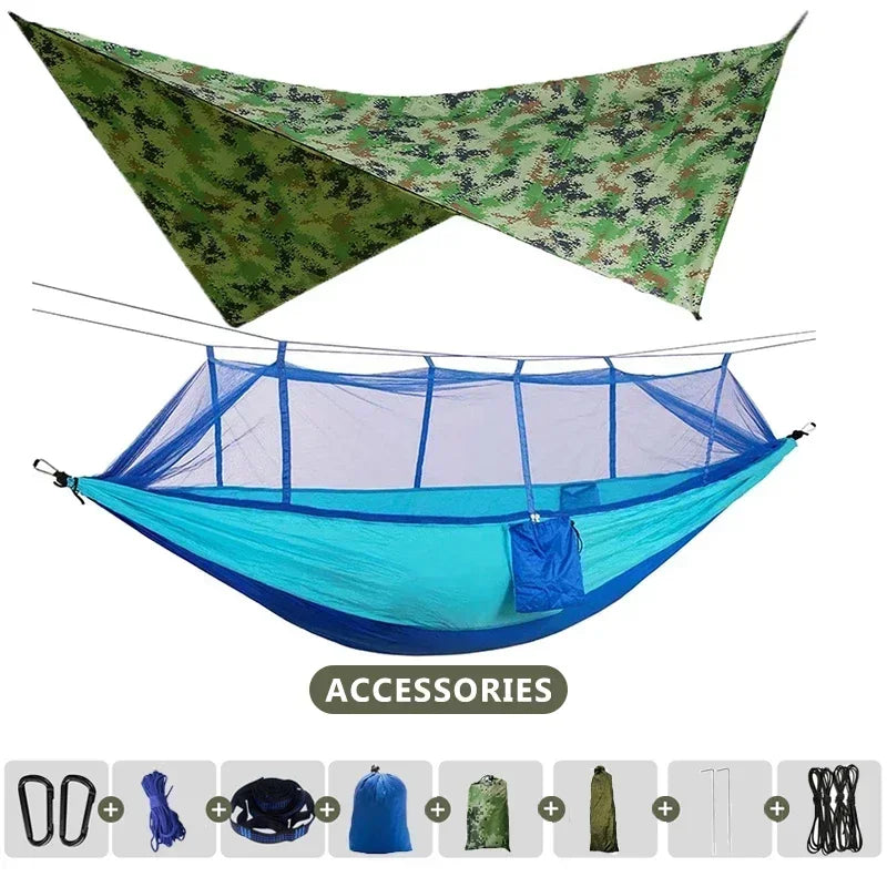 Skyrelax Doppel-Hängematte 260×140 cm mit Moskitonetz & Regendach | Ultraleicht & Tragbar | Für Camping, Wandern & Reisen