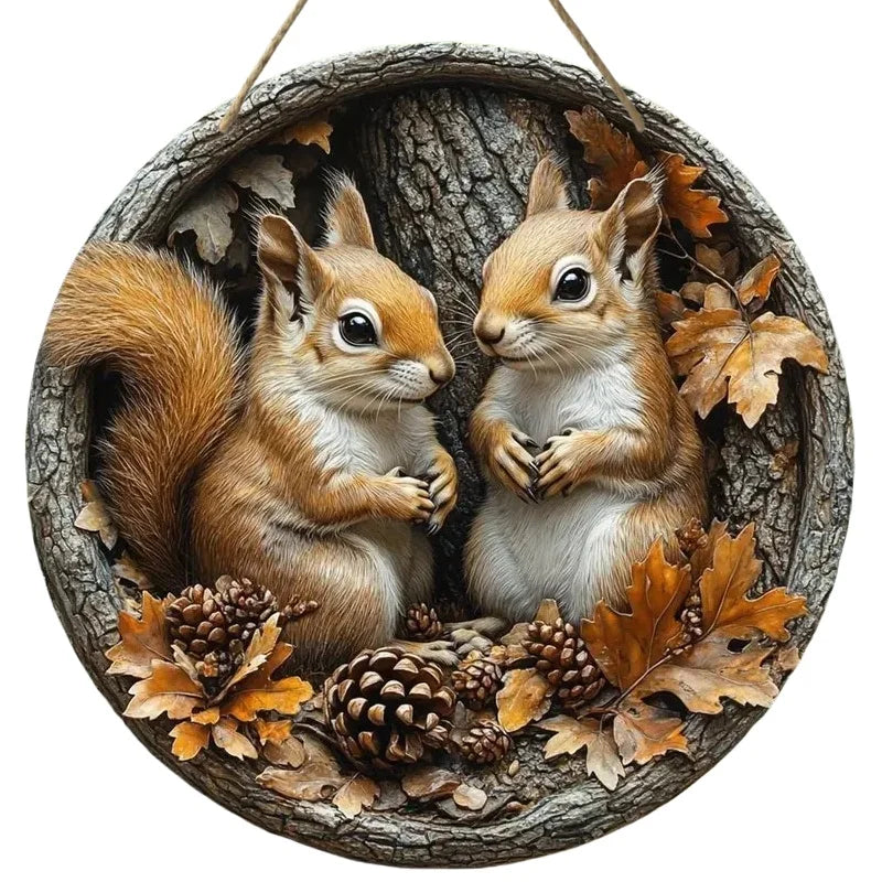 Holzschild AutumnTail | Rundes Willkommensschild mit Eichhörnchen-Motiv | 20–30 cm | Handgefertigte Herbst- & Winterdeko