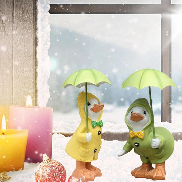 Gartenfiguren Enten 2er Set | Handbemalt | Wetterfestes Harz | 12x6 cm