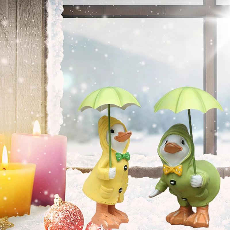 Gartenfiguren Enten 2er Set | Handbemalt | Wetterfestes Harz | 12x6 cm