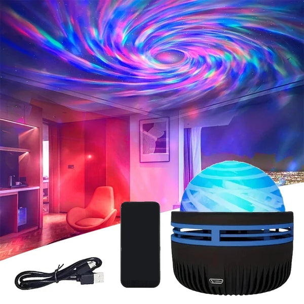 Polariva Nordlicht-Projektor | Musik-Synchronisation & Fernbedienung | RGB Stimmungslicht | USB-Ladung | 7,8×7,8×8,7 cm