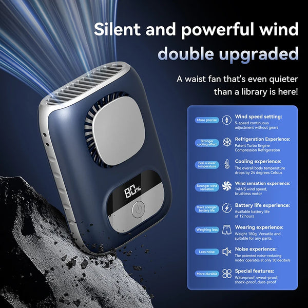 CoolBelt Mini Hüft-Ventilator | Tragbar & Bladeless | LED-Anzeige & 12 Std. Laufzeit | Wiederaufladbar per USB-C