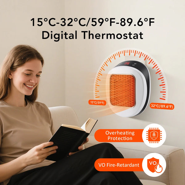 Heatigo Mini Elektroheizung 600W | Wandsteckdosen-Design | PTC-Keramik, Thermostat & Fernbedienung | Flüsterleise & Sicher
