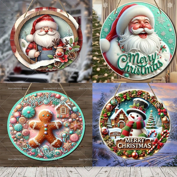 Weihnachtsschild Holz | Runder Hänger mit Schneemann & Weihnachtsmann | Tür- & Wanddeko