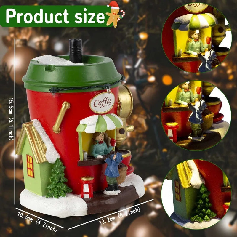 ArcticBrew Weihnachtsdorf Nordpol Kaffeehaus | LED-Beleuchtung & Figuren | Handgefertigtes Dekohaus aus Resin | Batteriebetrieben 13×10×15,5 cm